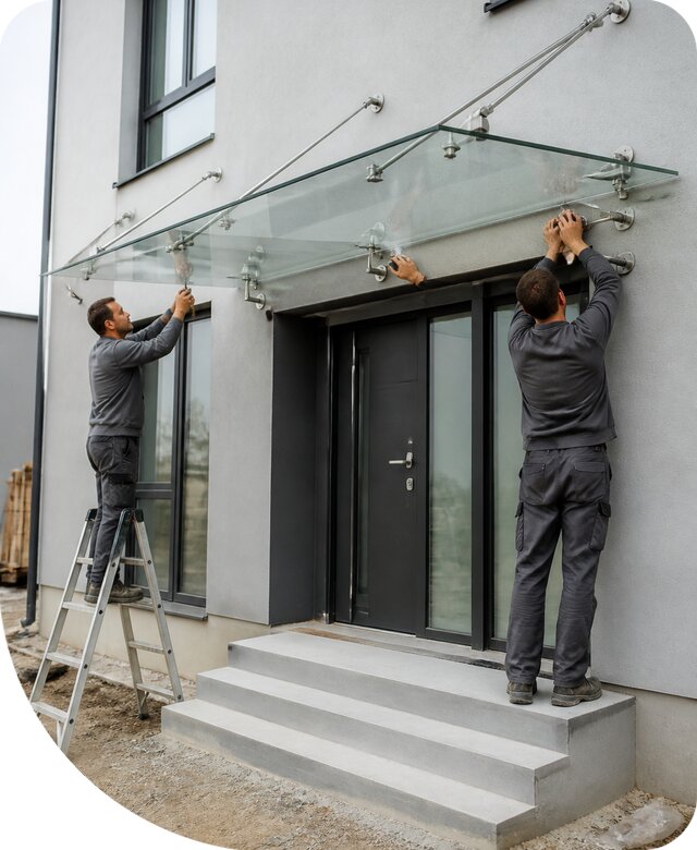 Изготовление и монтаж стеклянных козырьков под ключ в Краснокаменске